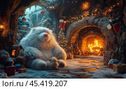 Новогодний уют в логове медведя. Волшебная зимняя сцена с белым пушистым медведем, сидящим перед горящей камином в декоративной пещере. В доме новогодняя елка, гирлянды, носки для подарков, игрушек и запакованных подарков. Снежный фон за пещерой создаст атмосферу зимних праздников. Стоковое AI-изображение, AI-художник Анна Чижова / Фотобанк Лори