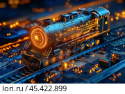 Светящийся паровоз на цифровом фоне. Стоковое AI-изображение, AI-художник Щеголева Ольга / Фотобанк Лори