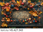 Vintage calendar surrounded by fall decorations. The frame is decorated with colorful autumn leaves, pine cones, berries and miniature pumpkins, creating a warm, atmospheric composition. The dull, muted colors and vintage style of the calendar convey a sense of coziness and nostalgia for the past. This image is suitable for fall, vintage style, nature and seasonal decor themes. Стоковое AI-изображение, AI-художник Анна Кривицкая / Фотобанк Лори