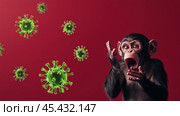 Обезьяна MPOX в шоке с клетками вируса оспы обезьян. Новая пандемическая угроза, зоонозное заболевание, примат, вирусный патоген. Красный фон. Стоковое AI-изображение, AI-художник ФотоИнтеллект / Фотобанк Лори