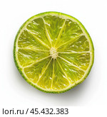 Juicy lime slice showing refreshing pulp and rind on white background. Стоковое AI-изображение, AI-художник Иван Рябоконь / Фотобанк Лори