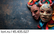 Венесуэльские маски diablos danzantes с разноцветными лентами для оформления культурного праздника. Стоковое AI-изображение, AI-художник ФотоИнтеллект / Фотобанк Лори