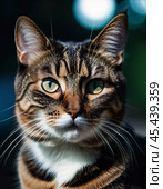 This beautiful cat with striking green eyes appears calm and composed. Its fur glistens against a blurred background, adding to its charm. Cats Felis are a genus of predatory mammals. Generative AI. Стоковое AI-изображение, AI-художник Юлия Петровская / Фотобанк Лори