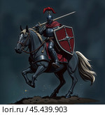 A knight in armor riding a horse with a sword in his hand. Стоковое AI-изображение, AI-художник RamA / Фотобанк Лори