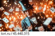 Magician performing a card trick with sparks and playing cards. Стоковое AI-изображение, AI-художник Юрий Поздников / Фотобанк Лори