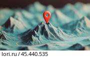 A detailed map with a prominent location marker set against a textured mountain landscape. Стоковое AI-изображение, AI-художник Юлия Гапеенко / Фотобанк Лори