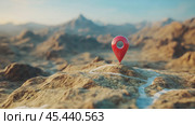 A detailed map with a prominent location marker set against a textured mountain landscape. Стоковое AI-изображение, AI-художник Юлия Гапеенко / Фотобанк Лори