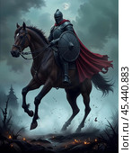 A knight in armor on horseback. Стоковое AI-изображение, AI-художник RamA / Фотобанк Лори