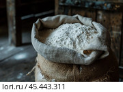 Open sack overflowing with white flour in mill. Стоковое AI-изображение, AI-художник Иван Рябоконь / Фотобанк Лори