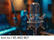 Professional condenser microphone standing in recording studio with blue mood lighting. Стоковое AI-изображение, AI-художник Иван Рябоконь / Фотобанк Лори