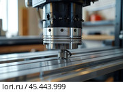 Cnc router machine preparing to engrave metal detail at workshop. Стоковое AI-изображение, AI-художник Иван Рябоконь / Фотобанк Лори