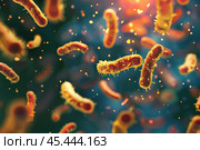 Microscopic view of bacteria escherichia coli floating in a body. Стоковое AI-изображение, AI-художник Иван Рябоконь / Фотобанк Лори