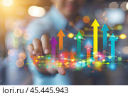 Increased profits. Benchmarking. Businessman analyzes profitability of working companies with digital augmented reality graphics, positive indicators, growing up graph and charts, colorful arrows. Стоковое AI-изображение, AI-художник Марина Демидюк / Фотобанк Лори