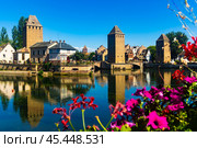 Strasbourg, France. Barrage Vauban scenic river and architecture view on bridge Ponts Couverts with flowers. Стоковое фото, фотограф Яков Филимонов / Фотобанк Лори