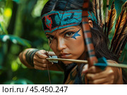 Amazon, Young female archer in jungle. Стоковое AI-изображение, AI-художник Михаил Коханчиков / Фотобанк Лори