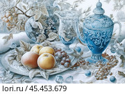 An elegant still life composition, executed in a cool color scheme with shades of blue and gray. The image features refined decorative elements: an elegant jug with an exquisite pattern, a plate with fruit (apples and grapes), and a decorative vase against a background of leaves and branches. The composition is created with an emphasis on detail and symmetry, emphasizing the classic style and luxury. The light texture of the fabrics and subtle work with shadows give the scene depth and volume. This image is ideal for use in interior design or thematic book publishing. Стоковое AI-изображение, AI-художник Анна Кривицкая / Фотобанк Лори