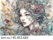 An exquisite fantasy art illustration depicting a girl with delicate features. Her long hair is intertwined with flowers, leaves, birds and other natural elements, creating an impression of harmony between man and nature. The color palette is soft and pastel, with shades of blue, green and pink predominating. The illustration is filled with small details that add depth and complexity to the composition. The work is ideal for use in projects related to art, fantasy literature, nature, feminine beauty and fantasy aesthetics. Стоковое AI-изображение, AI-художник Анна Кривицкая / Фотобанк Лори