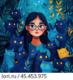 A modern digital art illustration of a young girl with dark hair and large round glasses surrounded by many cats in various shades of blue and yellow. The girl looks confident and mysterious, and the cats, with bright yellow eyes, create a sense of mystical and magical atmosphere. The background is decorated with leaves and plants, made in a rich palette of shades of blue and green, which adds depth and contrast to the image. This work is suitable for themes related to art, nature, magic, riddles and the relationship between humans and animals. Стоковое AI-изображение, AI-художник Анна Кривицкая / Фотобанк Лори