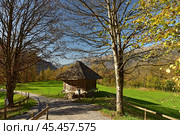 Old Cheese Storage of the 18th century in open air museum Ballenberg in autumn. Canton of Bern, Switzerland. Редакционное фото, фотограф Bala-Kate / Фотобанк Лори