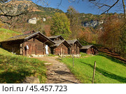 Old traditional wooden alpine buildings in open air museum Ballenberg in autumn. View of the Alps. Municipality of Hofstetten bei Brienz, canton of Bern, Switzerland. Редакционное фото, фотограф Bala-Kate / Фотобанк Лори