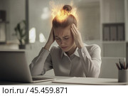Woman is sitting at work in the office and suffering from a headache. Стоковое AI-изображение, AI-художник Дмитрий Киселёв / Фотобанк Лори