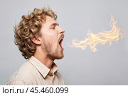 Curly-haired man spews fire from his mouth. Стоковое AI-изображение, AI-художник Дмитрий Киселёв / Фотобанк Лори