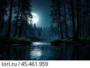Scenery of dark cold fairy forest, dramatic scene with trees, big moon at river, moonlight. Shadow landscape in night woodland, moon reflection in river. Futuristic tale concept. Copy ad text space. Стоковое AI-изображение, AI-художник Aleksandr Golubev / Фотобанк Лори