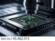 Close-up of silicon die being removed from wafer and attached to substrate using digital device. Manufacturing computer chips in semiconductor factory. Electronic industry concept. Copy ad text space. Стоковое AI-изображение, AI-художник Aleksandr Golubev / Фотобанк Лори