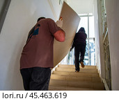 Двое мужчин поднимают по лестнице лист гипсокартона (2024 год). Редакционное фото, фотограф Вячеслав Палес / Фотобанк Лори