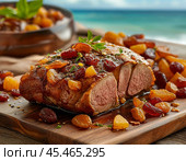 Baked carbonade with dried fruits. Стоковое AI-изображение, AI-художник Сергей Елизарьев / Фотобанк Лори