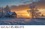 Winter landscape. A rustic house in the snowdrifts. Trees in the snow and frost. An atmosphere of peace and harmony with nature. Rural life. Стоковое AI-изображение, AI-художник Photojuli / Фотобанк Лори