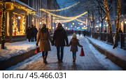 A New Year's or Christmas card. A little girl with her dad is walking along a city street decorated with glowing garlands for the holiday. The atmosphere of magic and fairy tales. Стоковое AI-изображение, AI-художник Photojuli / Фотобанк Лори