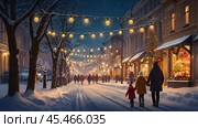 A New Year's or Christmas card. A little girl with her dad is walking along a city street decorated with glowing garlands for the holiday. The atmosphere of magic and fairy tales. Стоковое AI-изображение, AI-художник Photojuli / Фотобанк Лори