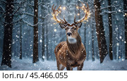 A red deer with shiny big horns in a Christmas garland in snowy weather against a forest background. Стоковое AI-изображение, AI-художник Photojuli / Фотобанк Лори