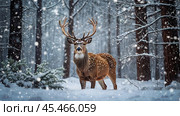 A red deer with shiny big horns in a Christmas garland in snowy weather against a forest background. Стоковое AI-изображение, AI-художник Photojuli / Фотобанк Лори