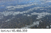 Video of Irkut River with clear water reflecting blue sky. Ice floes float down river during freezing in November. Natural phenomenon. Ecology, environment. Water background of changing seasons. Стоковое видео, видеограф Виктория Катьянова / Фотобанк Лори