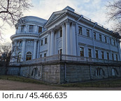 Санкт-Петербург. Россия. Елагиноостровский дворец среди деревьев с опавшими листьями на фоне голубого неба с облаками в осеннем парке на Елагином острове Санкт-Петербурга. ЦПКиО им. Кирова. (2021 год). Стоковое фото, фотограф Елена Яворская / Фотобанк Лори