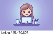 A beautiful young woman at a laptop on a colored background. A smiling blogger girl records a beautiful video on her computer at her desk at home. Стоковое AI-изображение, AI-художник Ярославский Максим / Фотобанк Лори