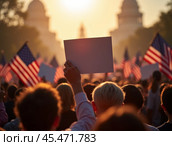 Evening Background of crowd at political rally in the United States carrying US flags and holding signs. Election 2024 presidential campaigns, protests against unfair elections, shallow depth of field. Стоковое AI-изображение, AI-художник Sergey Grishin / Фотобанк Лори