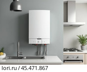 Modern home gas boiler, water heater placed in apartment. White modern home gas copper mounted on a grey wall on a kitchen. Water heater. Water heating, ecology. Стоковое AI-изображение, AI-художник Sergey Grishin / Фотобанк Лори