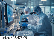 Two Scientists In Sterile Suites At Research Factory: Engineer Using Microscope And Desktop Computer To Inspect Microchip. Стоковое AI-изображение, AI-художник Sergey Grishin / Фотобанк Лори