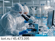 Two Scientists In Sterile Suites At Research Factory: Engineer Using Microscope And Desktop Computer To Inspect Microchip. Стоковое AI-изображение, AI-художник Sergey Grishin / Фотобанк Лори