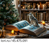 Open fairy tale book on Christmas night. New Year's decor. Festive New Year's atmosphere. Стоковое фото, фотограф Сергей Елизарьев / Фотобанк Лори