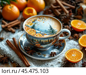 A cup of hot strong coffee with original foam, tangerines. New Year's dessert. Festive atmosphere of the New Year. Стоковое AI-изображение, AI-художник Сергей Елизарьев / Фотобанк Лори