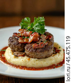 Beef patties with bacon, baked in a creamy mushroom sauce. Enjoy your meal! Стоковое AI-изображение, AI-художник Сергей Елизарьев / Фотобанк Лори