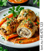 Chicken rolls with mushrooms and carrots, baked in sour cream and cheese sauce. An original appetizer will decorate any festive table. Enjoy your meal! Стоковое AI-изображение, AI-художник Сергей Елизарьев / Фотобанк Лори