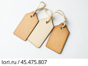 Label tag mockup. Wooden tag set hanging isolated on white background. Blank Gift or Price Tab with string cord knot. Price Label With Rope. Empty space for text. Price labeling or gift tagging. Sale. Стоковое AI-изображение, AI-художник Марина Демидюк / Фотобанк Лори