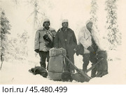 Немецкие военные в зимнем лесу в тулупах с оружием и вещмешками. Стоковое фото, фотограф WWII / Фотобанк Лори