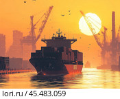 Against the backdrop of a picturesque sunset, a massive container ship slowly exits the port. The port infrastructure cranes, buildings is illuminated by the last rays of the sun. Стоковое AI-изображение, AI-художник Ярославский Максим / Фотобанк Лори
