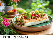 Итальянское лакомство канноли с фисташками и засахаренной вишней. Стоковое AI-изображение, AI-художник Щеголева Ольга / Фотобанк Лори
